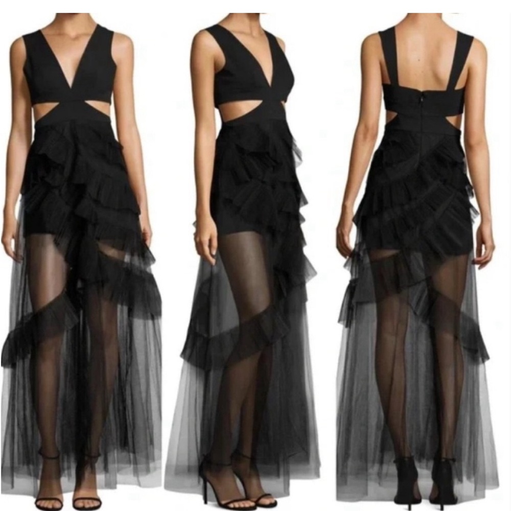 BCBG MAXAZRIA Joela black tulle cutout gown Ruffle Maxi Dress